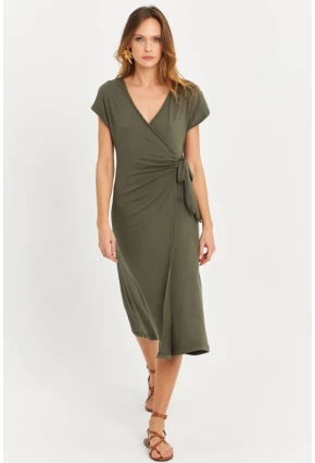 Kadın Haki Kruvaze Midi Elbise EY3044