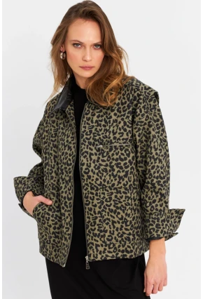 Kadın Haki Leopar Denim Ceket MELT1174