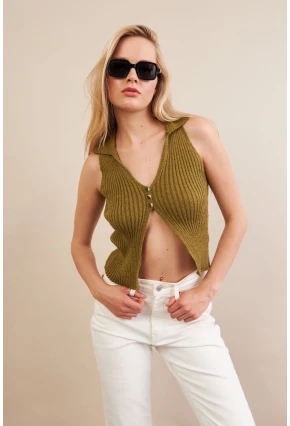 Kadın Haki Polo Yaka Yumoş Yelek ZH050