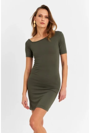 Kadın Haki Tek Omuz Açık Mini Elbise EY3079