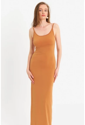Kadın Hardal Ayarlanabilir Askılı Maxi Elbise MEN2004