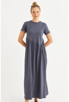 Kadın İndigo Asimetrik Dikişli Maxi Elbise MDMR440