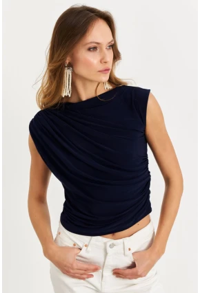 Kadın İndigo Büzgülü Kolsuz Bluz LPP1205-90