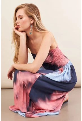 Kadın İndigo-Pudra Straplez Pilise Uzun Elbise MSİ100