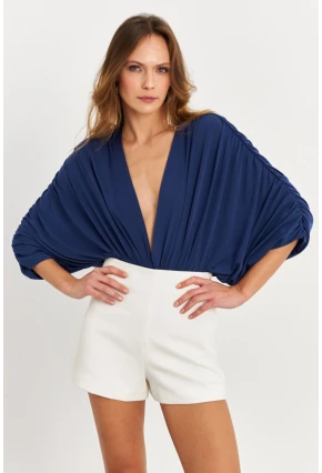 Kadın İndigo Sırt Dekolteli Volanlı V Yaka Body BAR802