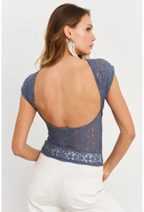 Kadın İndigo Sırtı Açık Dantel Bluz ZH04