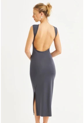 Kadın İndigo Sırtı Açık Midi Elbise YEL221672