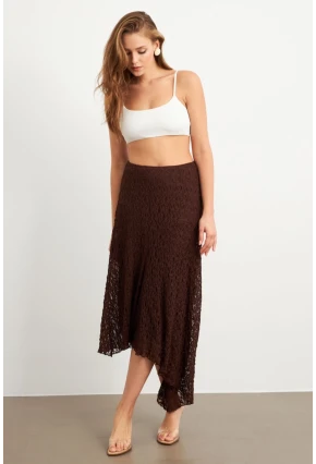 Kadın Kahverengi Asimetrik Dantel Midi Etek ZH357