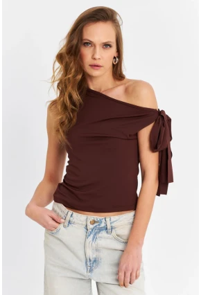 Kadın Kahverengi Bağlama Detaylı Bluz TF50