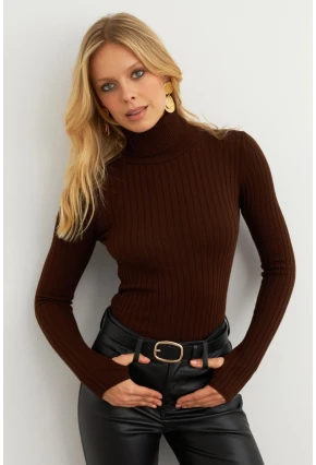 Kadın Kahverengi Balıkçı Yaka Triko Bluz MYV102-90