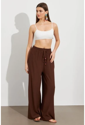 Kadın Kahverengi Beli Lastikli Bürümcük Pantolon ROP105