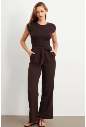Kadın Kahverengi Beli Lastikli Kuşaklı Pantolon FLU7251