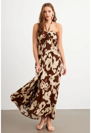 Kadın Kahverengi Büzgülü Desenli Midi Elbise KAB304