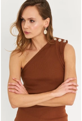 Kadın Kahverengi Düğme Detaylı Kaşkorse Bluz EY2711