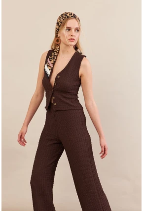 Kadın Kahverengi Gofre Yelek Pantalon Takım FLU330