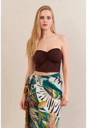 Kadın Kahverengi Korse Dikişli Crop Bluz AN6025