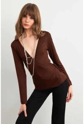 Kadın Kahverengi Kruvaze Bağlamalı Bluz EY3036