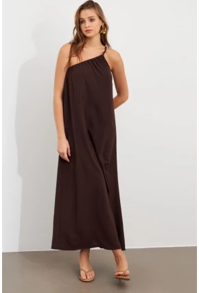 Kadın Kahverengi Tek Omuz Maxi Elbise İRE1012