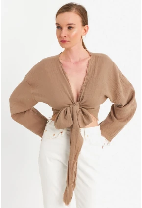 Kadın Kahverengi Müslin Crop Bluz PC20700