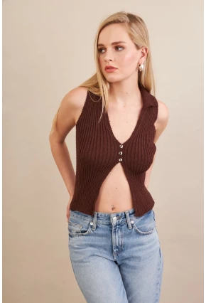 Kadın Kahverengi Polo Yaka Yumoş Yelek ZH050