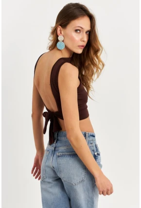 Kadın Kahverengi Sırt Bağlamalı Crop Bluz EY2733