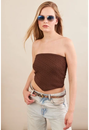 Kadın Kahverengi Straplez Triko Crop Bluz ZH049