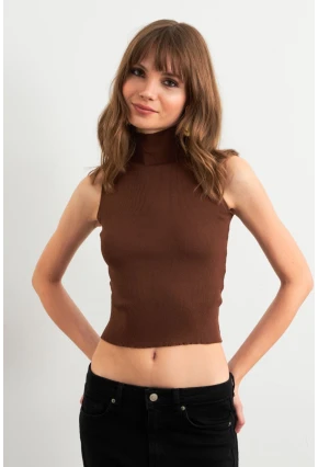 Kadın Kahverengi Triko Kolsuz Bluz YV305