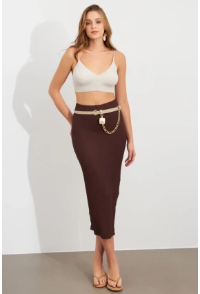 Kadın Kahverengi Yırtmaçlı Bürümcük Midi Etek ZH329
