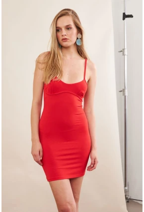 Kadın Kırmızı Askılı Mini Elbise SAN105