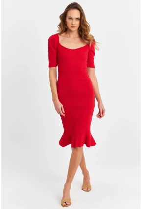 Kadın Kırmızı Balon Kol Eteği Volanlı Mevsimlik Midi Elbise Yİ2244