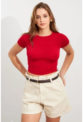 Kadın Kırmızı Basic Kısa Kollu Bluz UG2444
