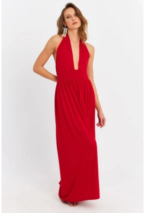 Kadın Kırmızı Boyun Bağlamalı Maxi Elbise EY3075