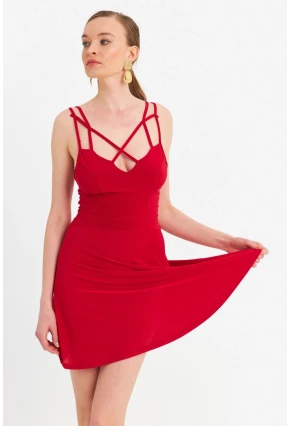 Kadın Kırmızı Çapraz Askılı Mini Elbise ELT182