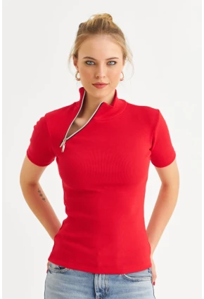 Kadın Kırmızı Çapraz Fermuarlı Kaşkorse Bluz EY3000