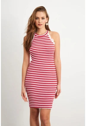 Kadın Kırmızı Dantel Detaylı Çizgili Midi Elbise MK36