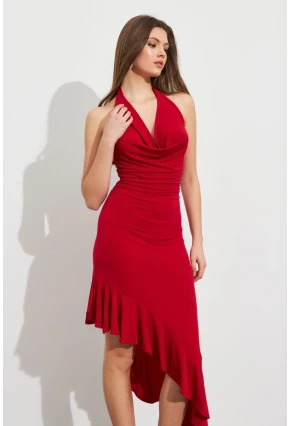 Kadın Kırmızı Degaje Asimetrik Midi Elbise İRE1436