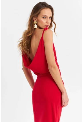 Kadın Kırmızı Degaje Maxi Elbise HOR0071