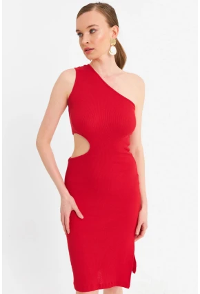 Kadın Kırmızı Dekolteli Kaşkorse Midi Elbise OR2460