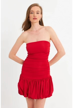 Kadın Kırmızı Drapeli Mini Elbise B6033