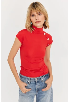 Kadın Kırmızı Düğme Detaylı Bluz EY3027