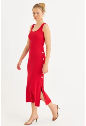 Kadın Kırmızı Düğme Detaylı Kaşkorse Midi Elbise EY2837