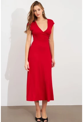 Kadın Kırmızı Düğme Detaylı Kruvaze Midi Elbise EY0011