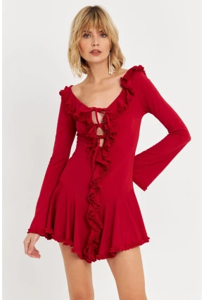 Kadın Kırmızı Fırfırlı Mini Elbise DCF121