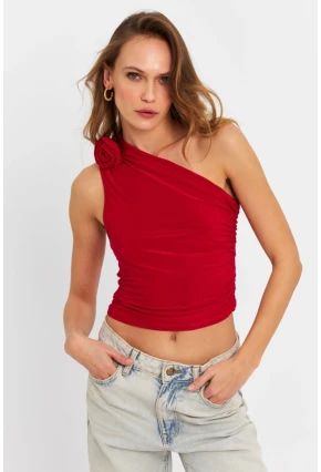 Kadın Kırmızı Gül Aksesuar Detaylı Crop Bluz ELT3925