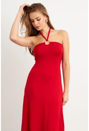 Kadın Kırmızı Halka Detaylı Midi Elbise EY3089