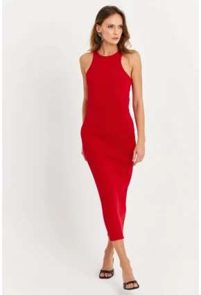 Kadın Kırmızı Kolsuz Kaşkorse Midi Elbise EY3049