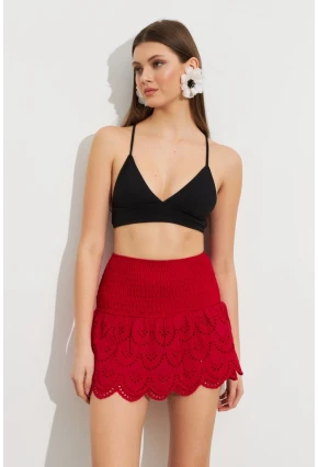 Kadın Kırmızı Nakışlı Mini Etek ZH111
