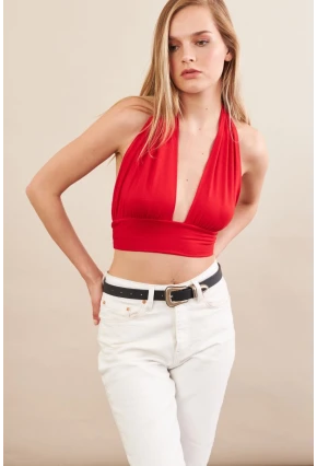 Kadın Kırmızı Sırt Ve Boyun Bağlamalı Bluz EY1472