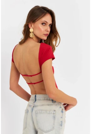 Kadın Kırmızı Sırtı Açık Crop Bluz ZH007