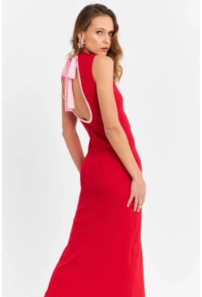 Kadın Kırmızı Sırtı Açık Kaşkorse Midi Elbise EY3064